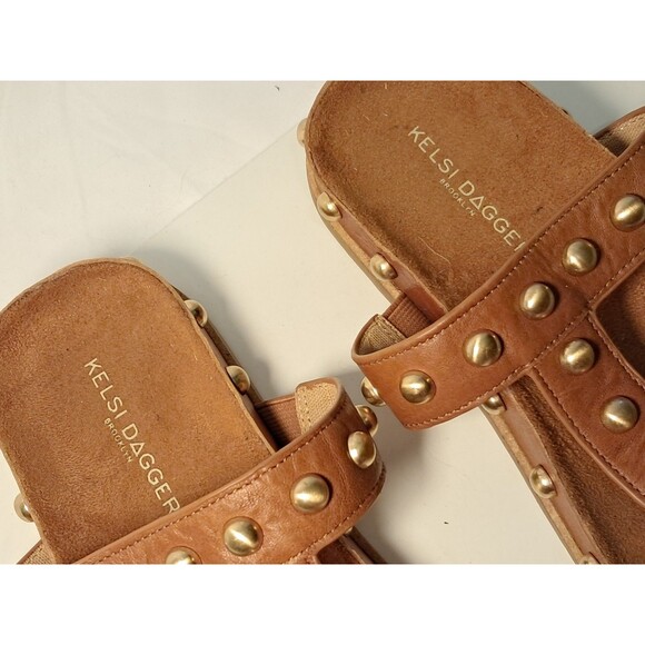KELSI DAGGER Brooklyn Surface Studded Flat Sandal Leather Brown Gold Size 7.5 - Picture 3 of 8